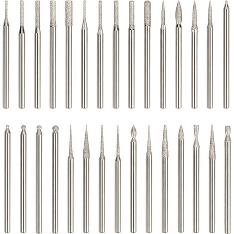 30 Stück Mini Diamant Frässtifte Set, 45x2.8mm Schaft Diamant Schleifstifte zum Schleifen Gravieren Polieren von Jade Achat Stein, Präzisions Wolframstahl Fräser Zubehör für Rotationswerkzeug (1/5)
