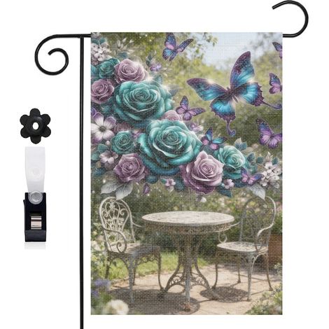 Drapeau de jardin roses turquoise et violettes et Welcome 30 x 45 cm décoration extérieure jardin (1/5)