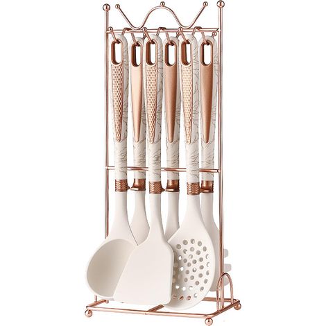 Lot de 7 ustensiles de cuisine en silicone avec support, sans BPA et résistant à la chaleur, pour ustensiles de cuisson antiadhésifs (Blanc) (1/5)