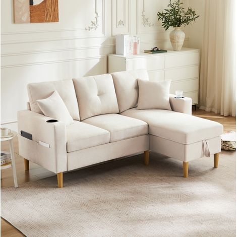 Divano angolare 3 posti con chaise longue, contenitore e portabicchieri, beige HAVRYA (1/5)