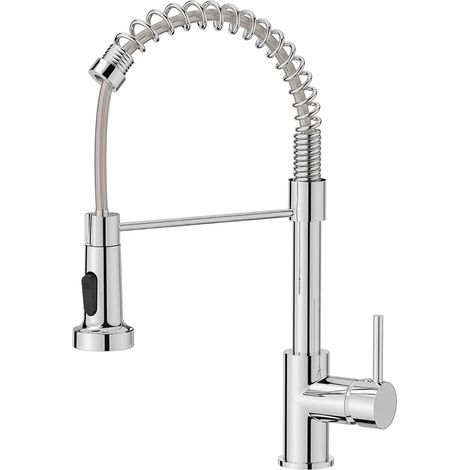 Robinet Cuisine, Mitigeur Cuisine Avec Douchette Pivotant à 360° d'Évier à Arc Élevé Pulvérisateur Escamotable 2 Modes, Acier Inoxydable (1/5)