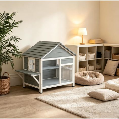 Wetterfestes Katzenhaus aus Holz mit öffnungsfähigem Dach und Plattform 101 x 72,5 x 81 cm (1/5)