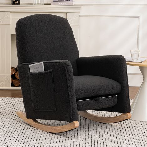 Fauteuil à bascule avec repose-pieds, dossier haut recouvert de tissu gris foncé à motif d'oursons (1/5)