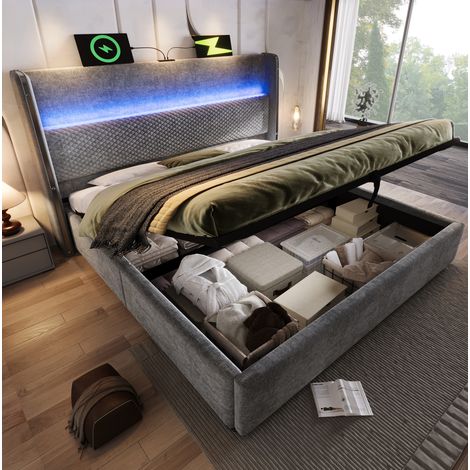 DESVIAE Lit hydraulique double avec tête de lit haute LED rangement ports USB Type C 140 x 200 cm gris lin avec matelas (1/5)