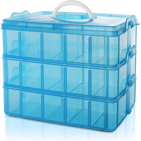 Boîte de rangement bleue en plastique à 3 niveaux et compartiments réglables - 30 compartiments - Idéale pour les jouets, les bijoux, les perles et les loisirs créatifs (1/5)
