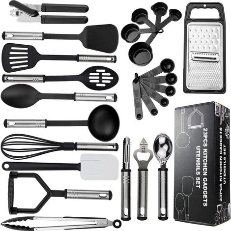 Lot de 25 ustensiles de cuisine en silicone – set de cuisine noir – compatibles poêles antiadhésives – résistants à la chaleur (1/5)