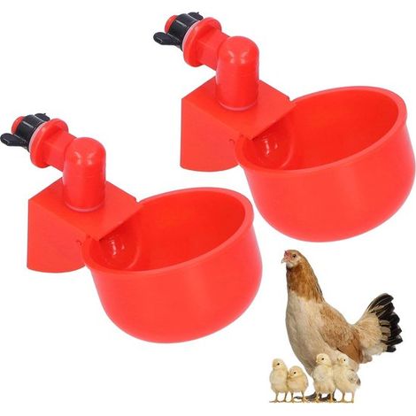 Set di abbeveratoi automatici per pollame, composto da 2 ciotole e una tazza in plastica rossa, ideale per polli, anatre, uccelli e tacchini. (1/5)