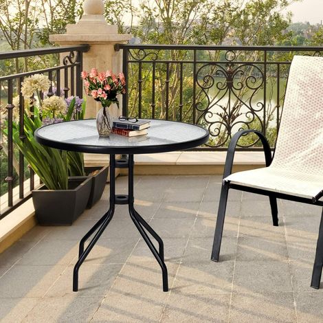 Table de Jardin Ronde en Verre Trempé 70 CM Table Basse de Patio avec Cadre en Métal Robuste et Trou pour Parasol Table à Manger Noir (1/3)