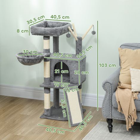 Katzenbaum, Spielturm für Katzen, Kratzbäume und Sisalmatte. Plattform. Versteck. Hängematte. 40,5 x 40,5 x 103 cm. Grau (1/5)
