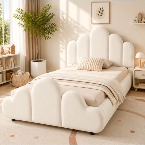 Lit enfant 90x200 cm avec sommier à lattes, structure stable, bords arrondis, pour chambre, bouclé - beige (1/5)