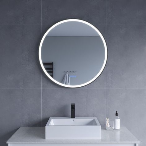 Rund Spiegel mit LED Beleuchtung Ø80 cm Bad Wandspiegel Schwarz Rahmen, Touchschalter, Beschlagfrei, 3 Lichtfarben, Dimmbar, Memory Funktion (1/5)
