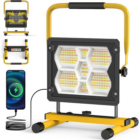 Projecteur LED Solaire Rechargeable 100W, Projecteur LED Chantier Portable avec 5 Modes D'éclairage, USB et 10000mAh Batterie, Lampe de Travail Étanchéité IP65 Pour Garage, Atelier, Cour (1/5)
