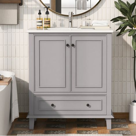 Mueble lavabo 76x46x87 cm en MDF y cerámica gris, con almacenaje para baño FloraGrace (1/5)