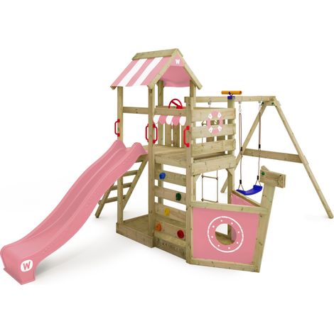 Wickey Spielturm Klettergerüst SeaFlyer mit Schaukel & Rutsche, Baumhaus mit Sandkasten, Kletterleiter & Spiel-Zubehör - Pastellpink