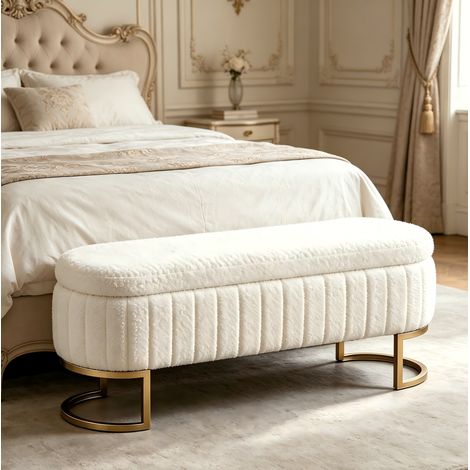 Aufbewahrungs-Bank 129,5x42x46 cm Beige, Samtstoff und goldene Metallfüße MEUBLIV (1/5)