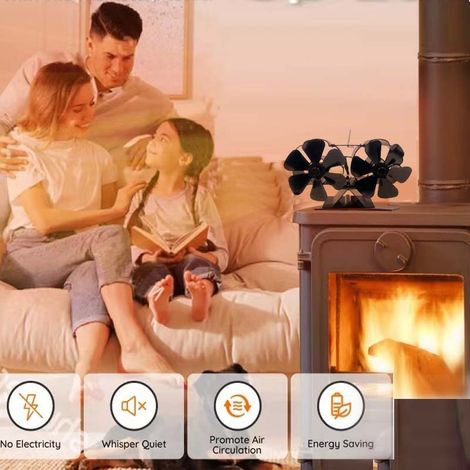 Ventilateur de poêle à bois à double moteur silencieux, 4 pales, activé par la chaleur, non électrique, avec support. Idéal pour poêle à bois / brûleur à bûches. (1/5)
