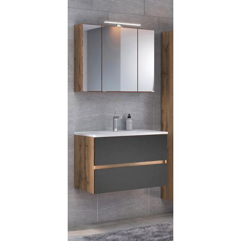 Waschplatz Set 2-tlg. 80 cm in Wotaneiche Nb. mit matt grau LOUROSA-03 inkl. Mineralgussbecken und LED-Aufbauleuchte, B/H/T: ca. 80/200/47 cm (1/5)
