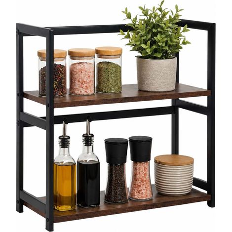 Relaxdays Küchenregal Arbeitsplatte, HxBxT: 43 x 42 x 18 cm, 2 Etagen, Industrial, Gewürzregal stehend, braun/schwarz (1/5)