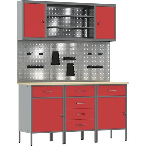 vidaXL Set de banco de trabajo 7 piezas acero rojo (1/5)