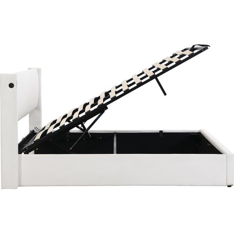 Letto imbottito 140 x 190 cm con contenitore, LED, USB, testiera reclinabile, PU bianco (1/5)