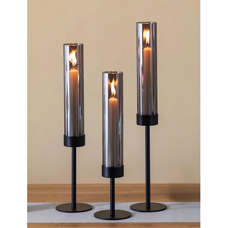 Chandelier Bougeoir Noir avec Verre: Set de 3 Porte Bougie Métallique avec Verre Fumé pour Décoration de Table - Support Bougie Modernes pour l'extérieur Noël Salon (1/5)