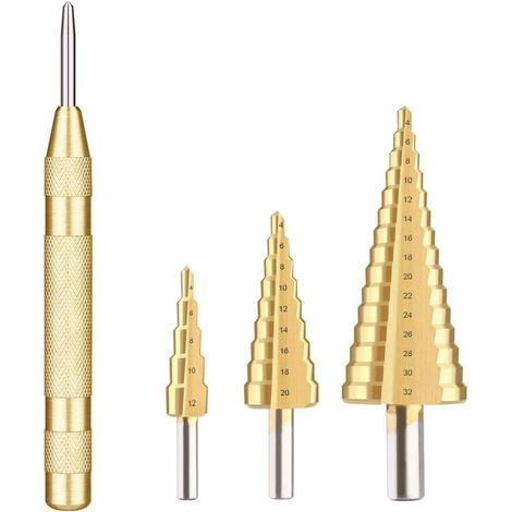 Foret Fraise Meche Etage Metal HSS,Foret Etagé Metal 4 PCS 4-12/20/32mm Triangle Conique Fraise Hexagone Inox Metal avec Revêtement Titane Pour Acier/ Bois/Laiton/Plastique/PVC (1/5)