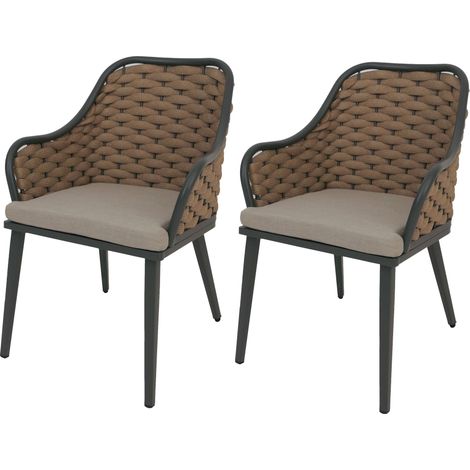 2er-Set Stuhl HHG-761, Outdoor Stuhl Armlehne, Olefin Seilgeflecht Rope beige Kissen hellbraun
