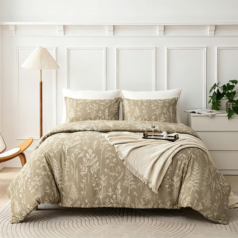 Parure de lit 2 pièces motif floral 135 x 200 cm - Beige - Design moderne - Housse de couette en microfibre douce pour la peau avec fermeture éclair et 1 taie d'oreiller (1/5)