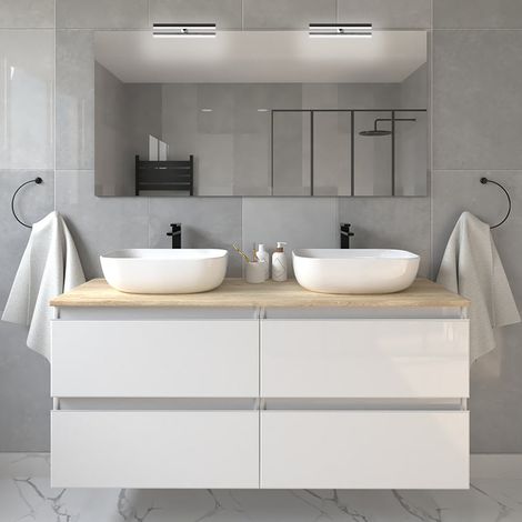 Meuble de salle de bain avec vasques à bords arrondies - blanc - BALEA et miroir avec appliques - 120cm (1/5)