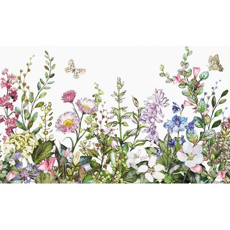 Papier peint panoramique multicolore floral | Tapisserie panoramique verte & rose effet peinture motif fleur | Papier peint panoramique cuisine - 384 X 260 cm (8 pièces) (1/2)