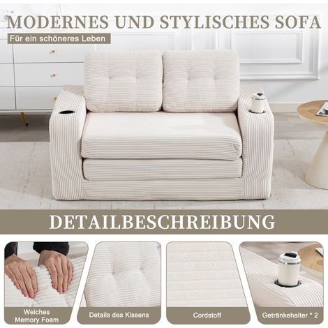 Canapé 2 places velours côtelé beige, pouf convertible sans cadre avec porte-gobelets et poches latérales, coussins matelassés rembourrés, dossier intégré, grand fauteuil pouf