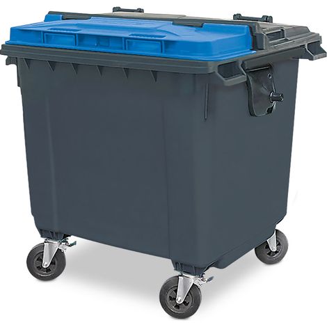 BRB 1100 Liter Großmüllbehälter/Müllcontainer nach EN 840, MGB, grau mit farbigem Deckel, Flachdeckel oder Runddeckel (grau/blau Flachdeckel)