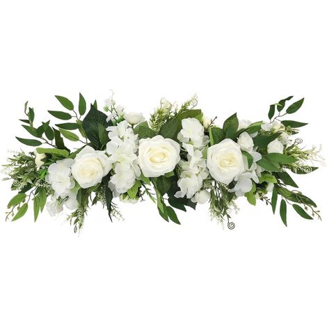 Décor floral artificiel Guirlande de roses blanches en plastique et tissu 65x16cm Pour porte, mur et événements (1/5)