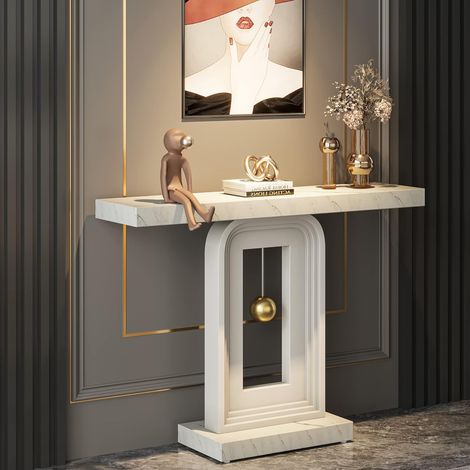 Tribesigns – Table console en bois 100cm – Plateau marbre blanc – Base carrée élégante – Design minimaliste pour entrée ou salon