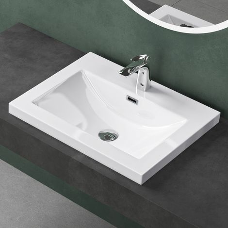 Mai & Mai Lavabo à encastrer blanc 60cm vasque lave mains rectangulaire en résine lavabo avec trop-plein Col01 60x48x13cm (1/5)
