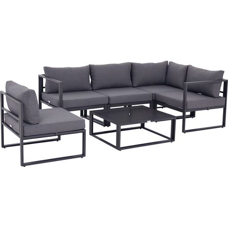 Outsunny 6-tlg. Gartengarnitur Gartenset Gartensofaset Sitzgruppe Gartenmöbel Alu+ Polyester + Hartglas Grau 4 x Sessel 1 x Ecksofa 1 x Beistelltisch Kissen für 4–5 Personen