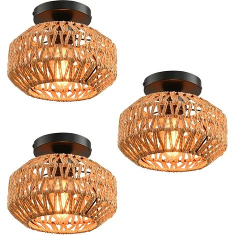 Lot de 3 Rétro Plafonnier Industriel 20cm Lustre Vintage en Corde de Chanvre E27 Luminaire Plafonnier Cage pour Salon Chambre (1/5)