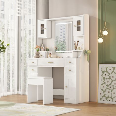 Coiffeuse multi rangement 105x40x152 cm + grand miroir LED déco blanc (1/5)