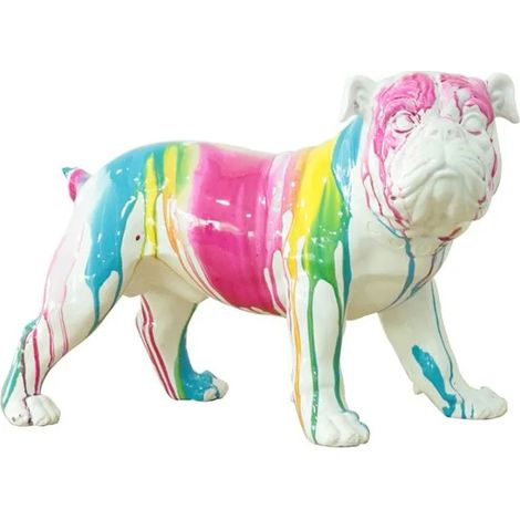 Sculpture chien bulldog blanc en polyrésine – Peinture multicolore – Dimensions 40x26x20 cm pour décoration intérieure – Meubletmoi (1/5)