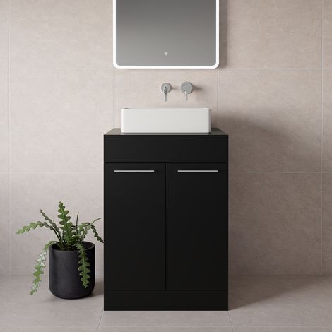 Napoli 460 Matt Black 600mm 2 Door Vanity Unit for Countertop Basins - 600mm - Chrome 160mm Handle