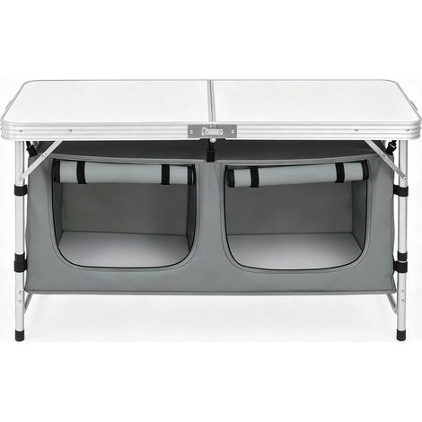 Table de camping pliante avec pieds réglables, plateau en MDF 120x47 cm et sac de rangement suspendu (1/5)
