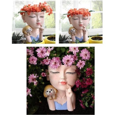 Vaso da fiori in resina con simpatica testa di donna e cane, vaso da fiori con foro di drenaggio, vaso da fiori per piante grasse, vaso da fiori per piante grasse e cactus (1/4)