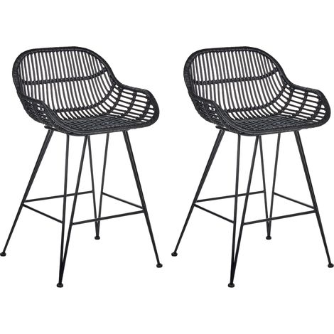 Conjunto de 2 sillas de bar boho de ratán comedor cocina patas de hierro negro Terrell