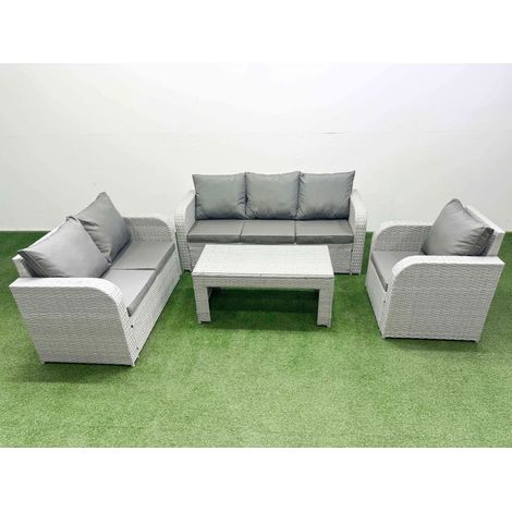 Fimous Patio PE Wicker 6 Seater Outdoor Rattan Furniture Sofa Sets with Oblong Coffee Table Reclining Chair Loveseat Sofa 3 Seater Sofa Light Grey (1/4)