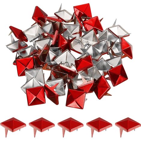100Pcs Rivet Pyramide Carrée, 10mm Clous à Deux Griffes, Clou Punk Rock Cuivré pour Vêtements, Sacs, Chaussures en Cuir (Rouge) (1/5)