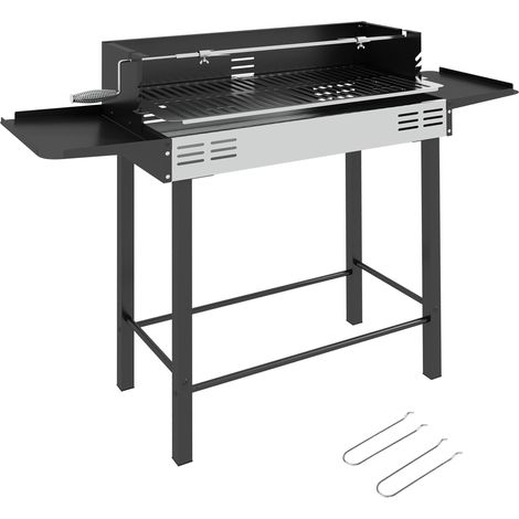 Barbecue à charbon à 3 niveaux avec étagères rabattables et rôtissoire, acier inoxydable, 118 x 32 x 90 cm, noir