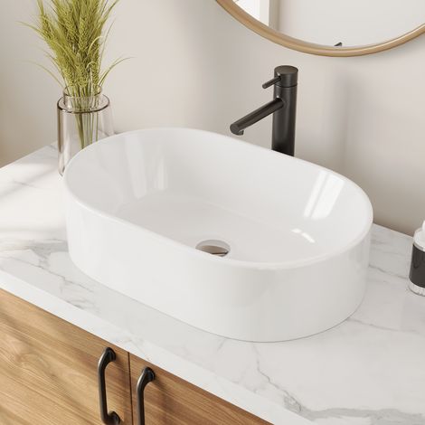 DeerValley Ceramic Cloakroom Basin Hand Wash Sink, White Gloss Countertop Basin for Bathroom Lavatory Vanity Cabinet - 56 x 36 x 15cm (1/5)
