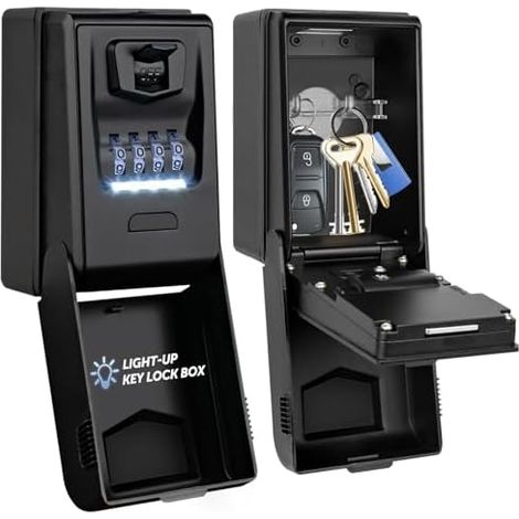 Secure Outdoor Key Box [Backlit] Large Waterproof Wall-Mounted Key Box with Code Lock, Robust Key Case, Indoor Key Safe with Automatic Light (1/5)