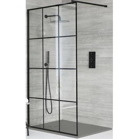 Milano Barq Black Walk In Wet Room Shower Enclosure with Grid Pattern Screen Support Arm and Light Grey Slate Effect Tray - 800mm x 800mm (1/5)