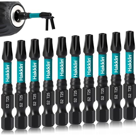 Lot de 10 embouts Torx longs 50 mm T25 avec trou - Jeu d'embouts 1/4" - Tournevis magnétique S2 - En acier - Pour visseuse sans fil TX25 - Avec boîte (1/5)